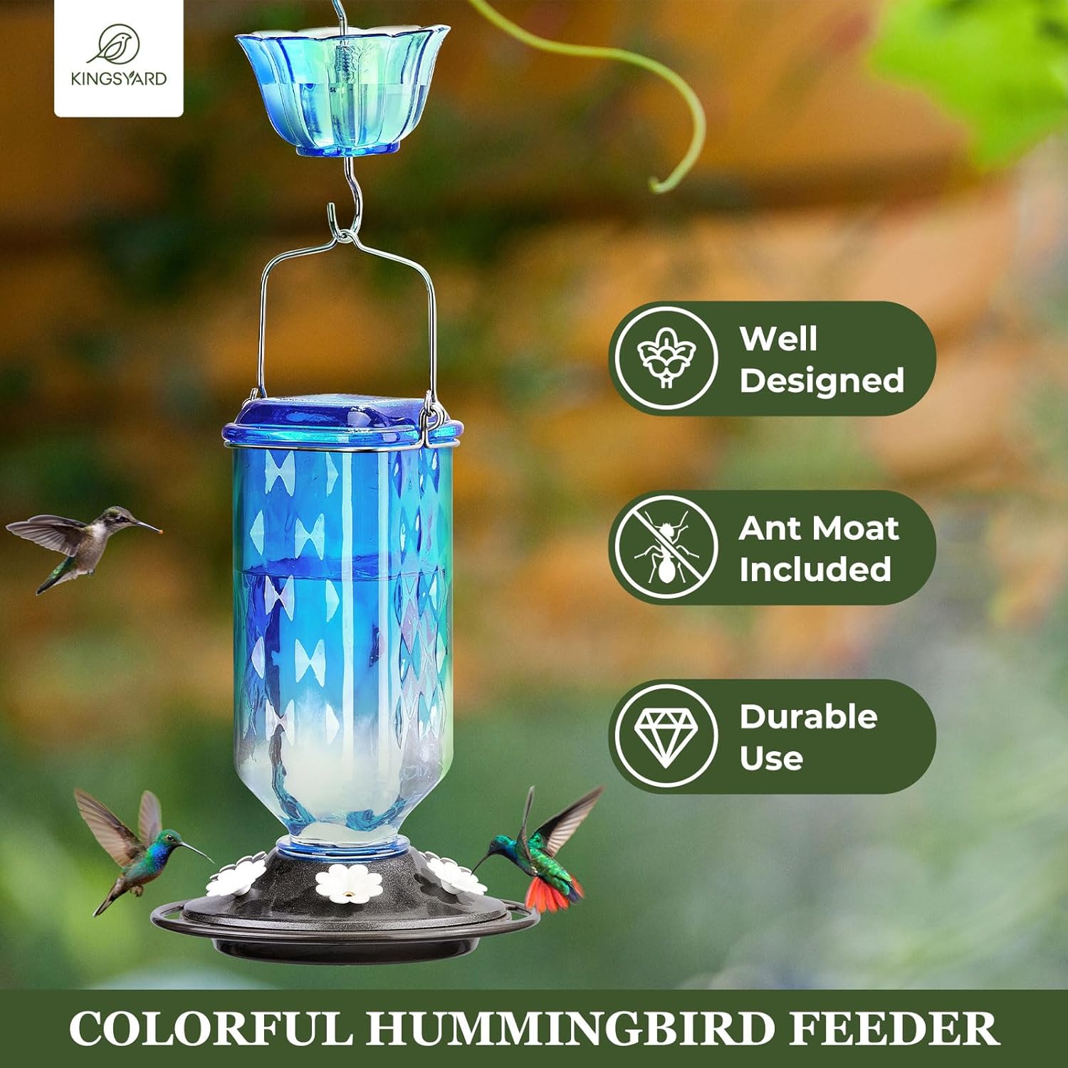 Kingsyard 2 Pack Glass Hummingbird Feeder for Outdoor Hanging, 24 Ounces, 6 Feeding Ports, Bird Nectar Feeder for Garden Décor, Ant Moat Included, Blue