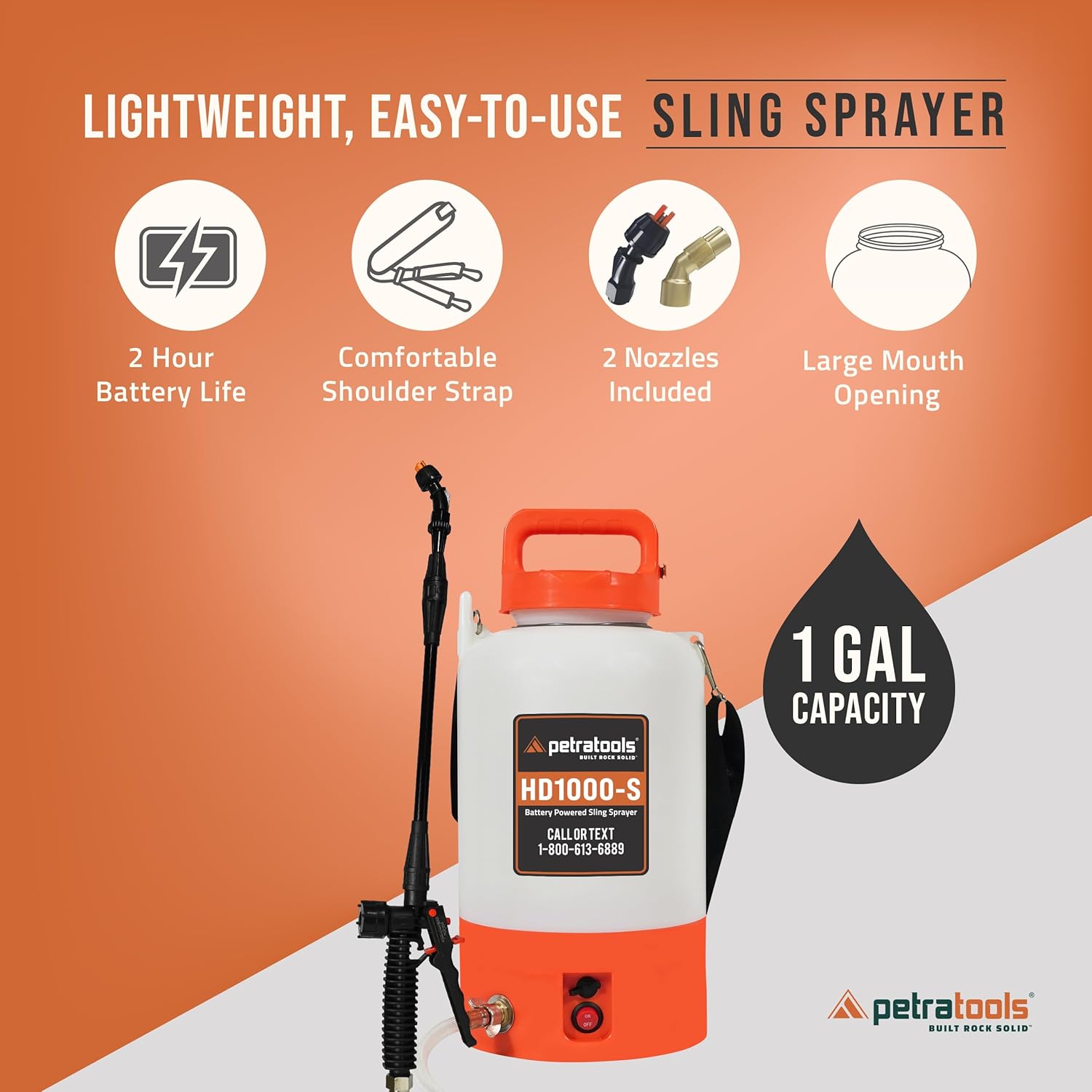PetraTools Battery Powered Sprayer 1 Gallon - HD1000-S - Heavy Duty Electric Sprayer for Lawn and Garden Weed/Pest Control, Watering - with Battery, Charger & 2 Nozzles (1 Gallon)