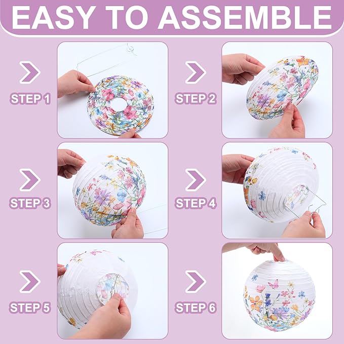 Riakrum 12 Pcs Wildflower Paper Lantern Set Floral Party Decorations Flower Paper Round Lanterns Wildflower Lantern Kit for Spring Baby Shower Bridal Shower Wedding Birthday Tea Party Supplies