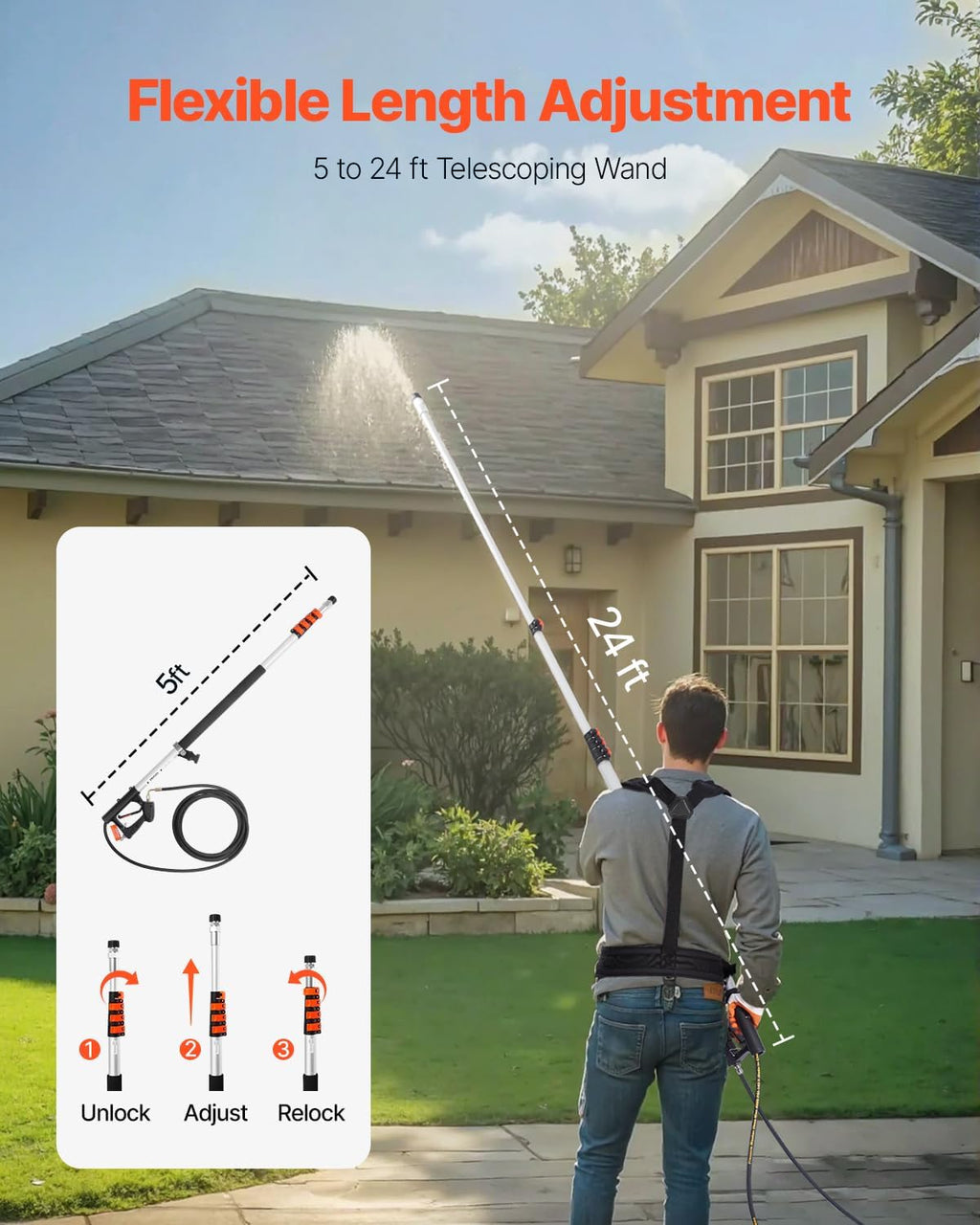 VEVOR Pressure Washer Telescoping Wand, 24 ft, 4000 psi, Telescopic Spray Wand with Power Washer Extension Wands, Gutter Cleaner, Pivoting Coupler, 7 Spray Nozzle Tips and Adjustable Support Harness