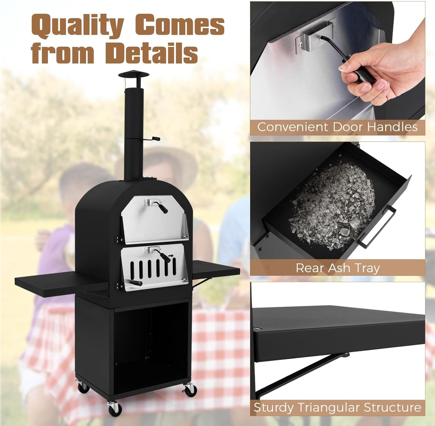 HAPPYGRILL Outdoor Wood Fired Pizza Oven w/Firewood Storage, Side Shelves, Patio Pizza Maker wi/Pizza Stone & Peel, 2 Cooking Grills & Thermometer, Portable Pizza Stove for Backyard Party Camping