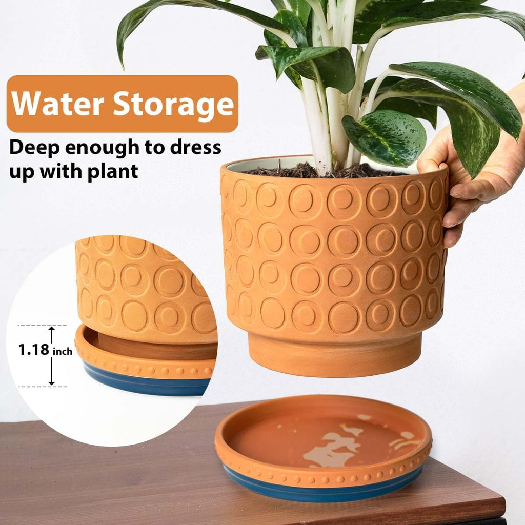 YBX 8-inch Plant Saucer Premium Terracotta Saucer Round Ceramic Plant Trays, Pack of 2 (Navy/Terracotta)