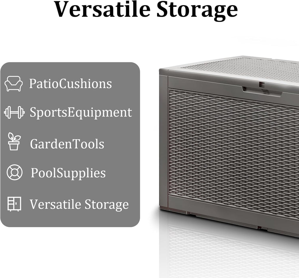 100 Gallon Waterproof Deck Box, Lockable Resin Storage Box for Patio Furniture Cushions Garden Tools and Outdoor Delivery Storage, Coffee