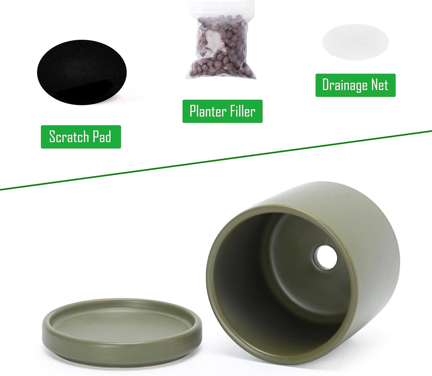 D'vine Dev 3.5 Inch Ceramic Planter Pot with Drainage Hole and Saucer, Indoor Cylinder Round Planter Pot, Olive, 94-O-A-J