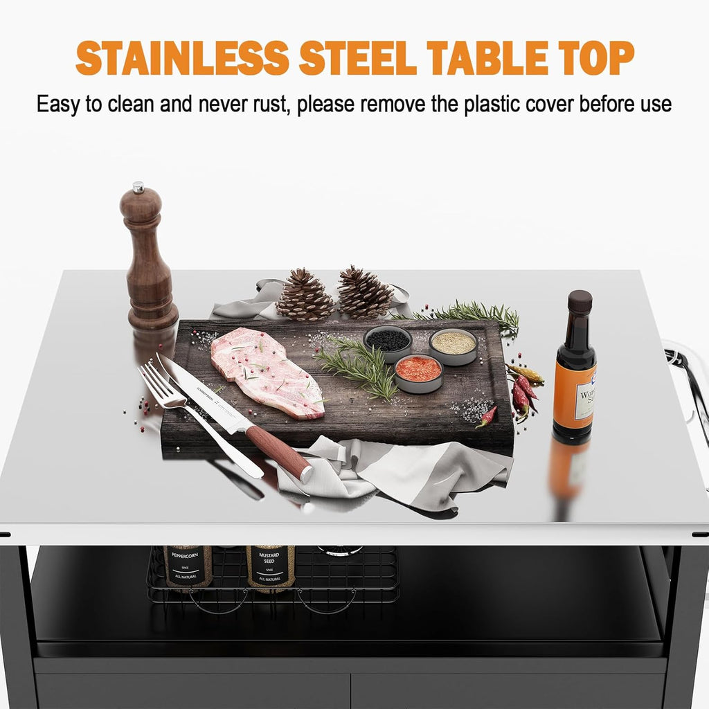 Outdoor Grill Cart with Storage Cabinet Stainless Steel Prep Stand with Storage Cabinet and Wheels Movable Whole Portable Table Outdoor Rolling Prep Station Kitchen Island Pizza Oven Table for Garden