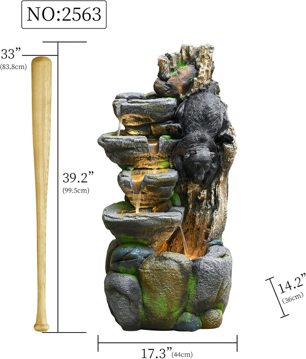 39" Outdoor Garden Water Fountain with Lights 5 Tiers Cascading Large Waterfall Floor Standing Fountain for Patio, Backyard, Deck, Porch and Home Art Decor