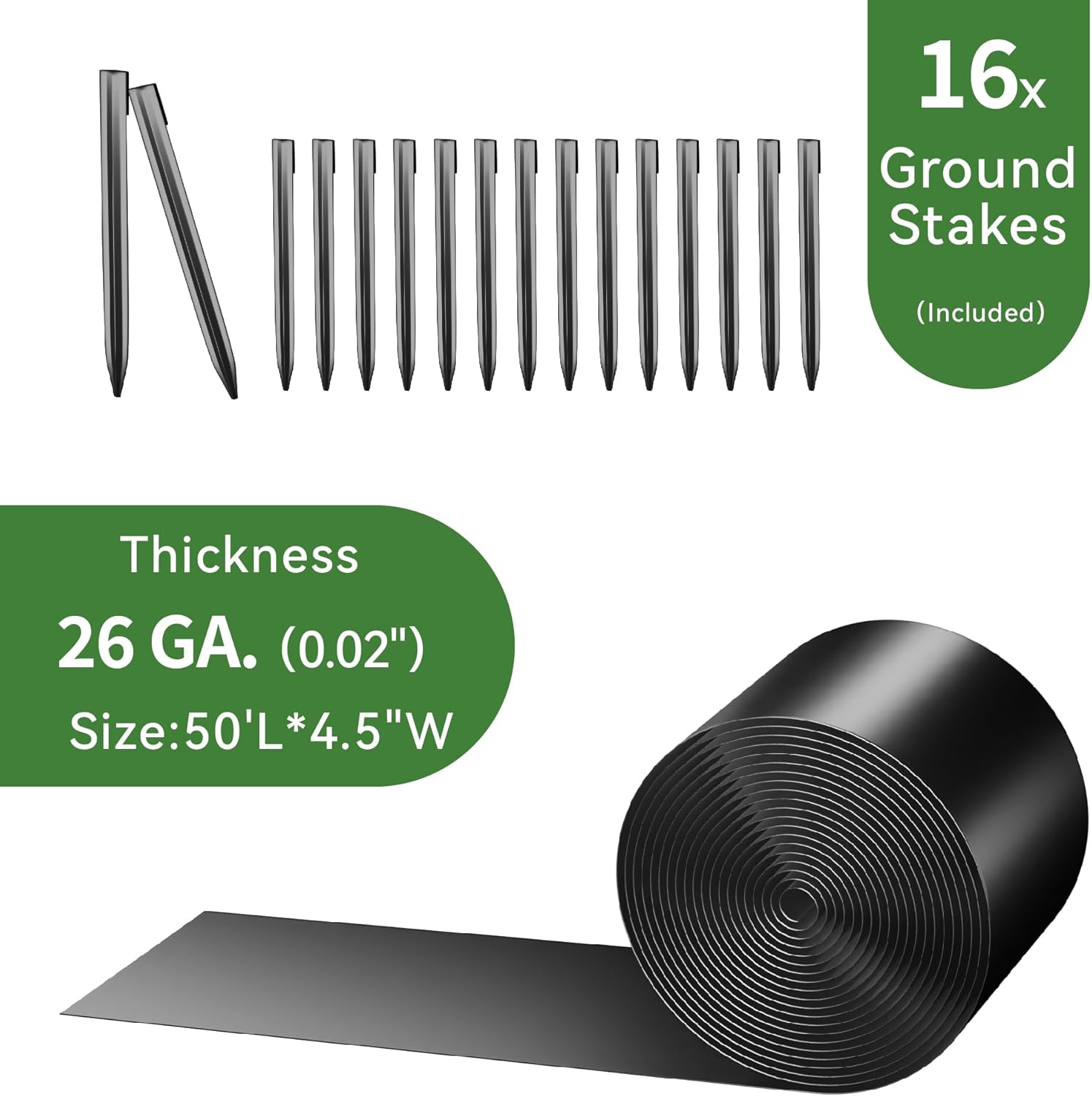 Worth Galvanized Steel Landscape Edging 4.5" x50' Metal Garden Edging Roll Flexible Bender Border with 16Pcs Stakes for Lawn, Flower Bed Edges, Black