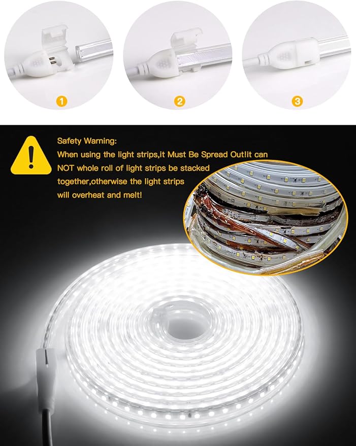 AIMENGTE Led Strip Lights for Outdoor - Waterproof Led Strip Lighting AC 110V, 360LEDs, 6500k LED Rope Lights for Garden, Patio, Lawn, Under Cabinet Kitchen, Bedroom Bathroom (9.9ft, Cool White)