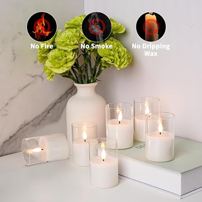 6Pack Glass Flickering Flameless Candles with Remote, 2"X3" Real Wax Votive Candles Battery Operated, Small Electric LED Candles for Wedding Home Decor, w/4 Timers+2 Lighting Modes [Clear]
