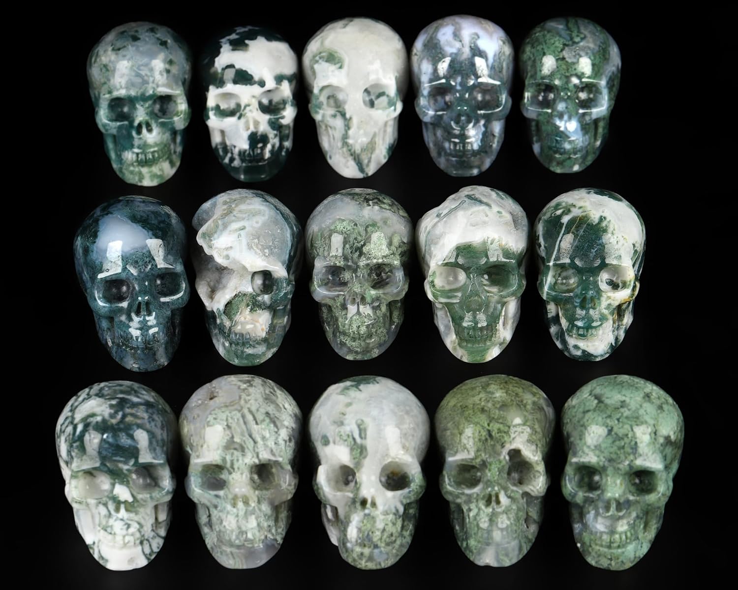 Skullis 2.0” Green Moss Agate Crystal Skull, Hand Carved Gemstone Fine Art Sculpture, Reiki Healing Stone Statue.