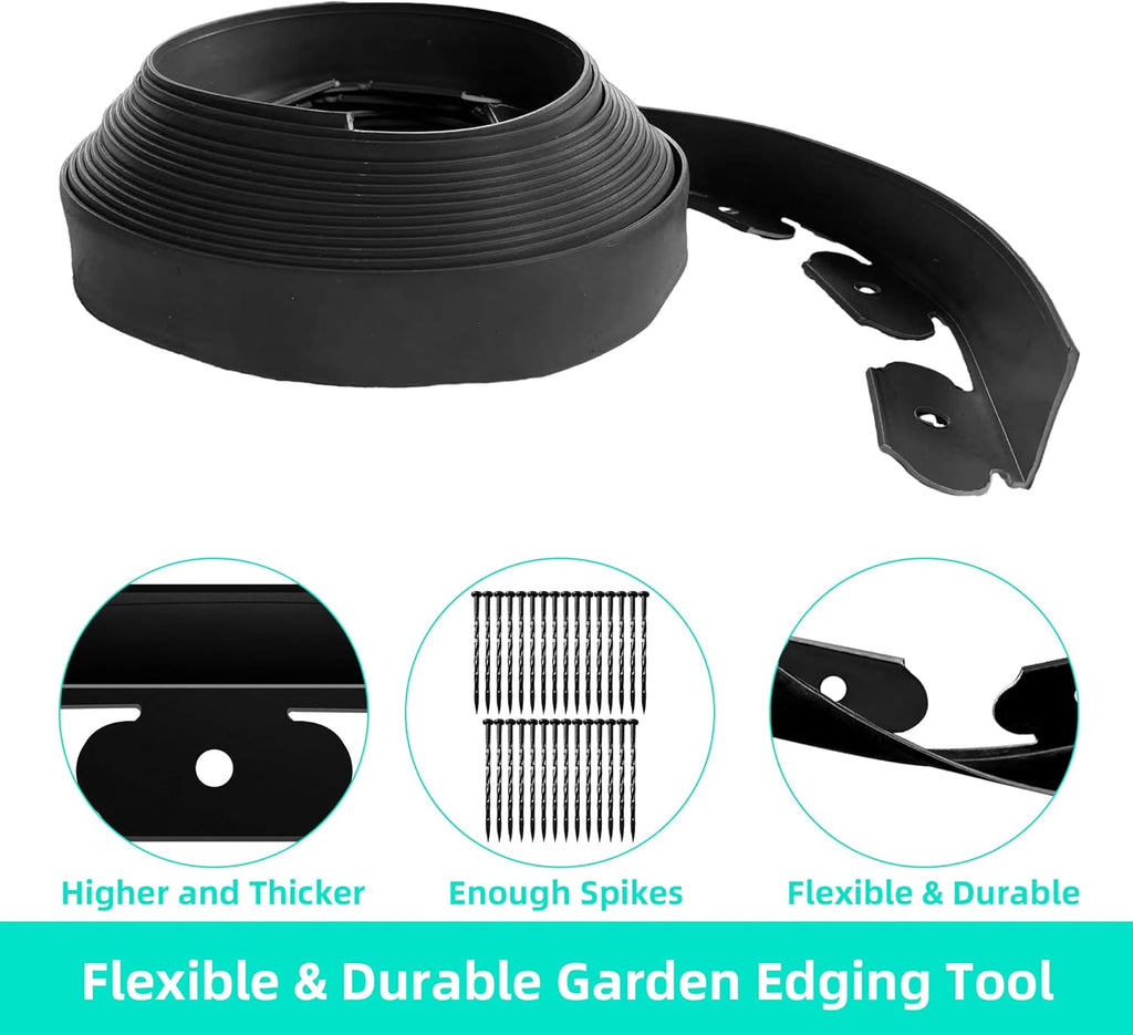 Landscape Edging Coil 33 FT, 2 Inch Tall Garden Edging Border Flexible Lawn Edging Kit with 30 Spikes, Plastic Edging for Landscaping Flower Beds Yard Pathway Paver Edging (2IN x 33FT, Black)