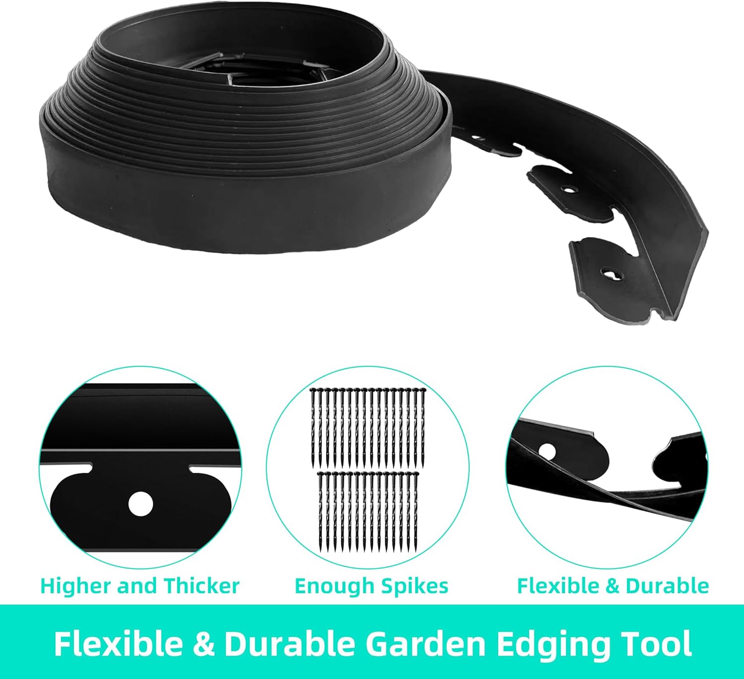 Landscape Edging Coil 33 FT, 2 Inch Tall Garden Edging Border Flexible Lawn Edging Kit with 30 Spikes, Plastic Edging for Landscaping Flower Beds Yard Pathway Paver Edging (2IN x 33FT, Black)