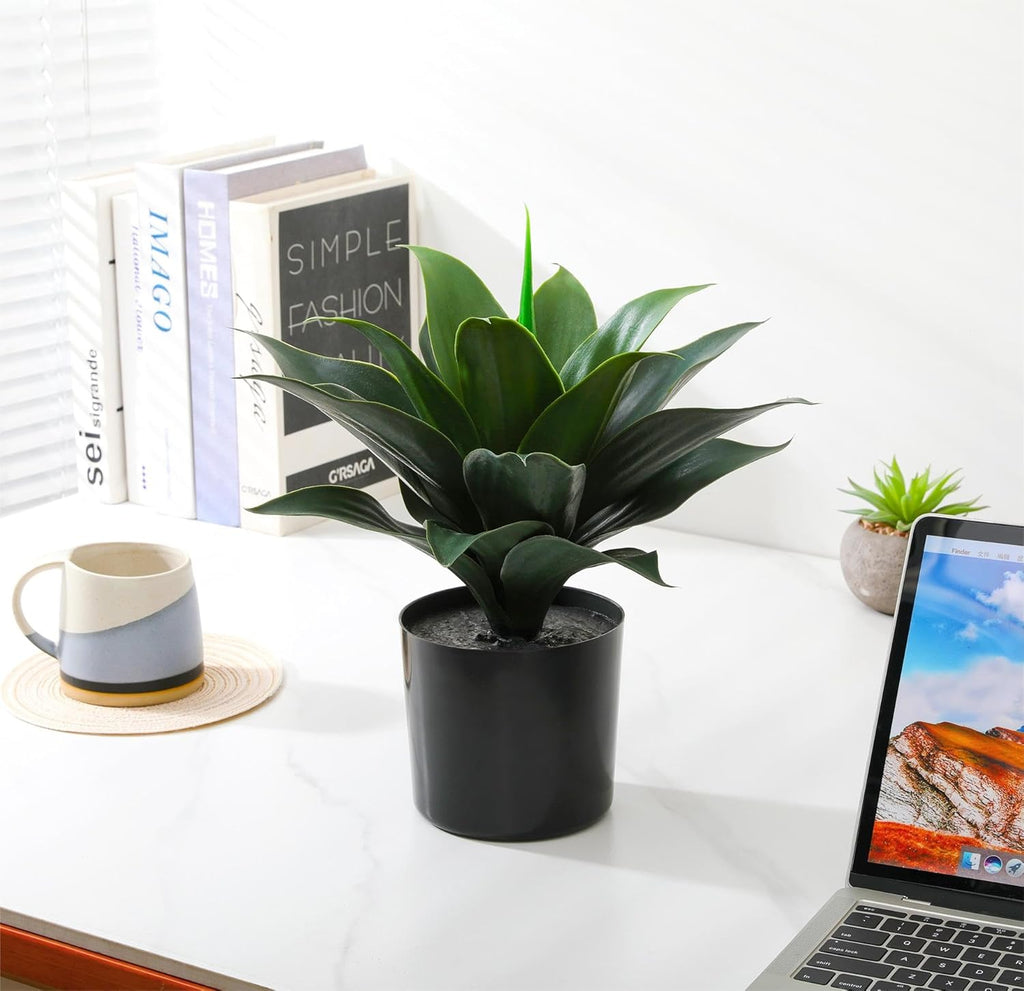 JUSTOYOU 14" Large Artificial Succulent Faux Agave Plant in Pot, Fake Potted Desk Plant Realistic Greenery Artificial Plants for Indoor Office Home Decor Bathroom Kitchen Shelf (Dark Green)