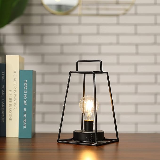 JHY DESIGN Retro Style Geometric Table Lamp 10''High Simple Iron Art Cordless Lamp Battery Powered Lamp with 6-Hours Timer Feature Cage Wireless Lamp for Balcony Party Indoor Outdoor(Short, Black)