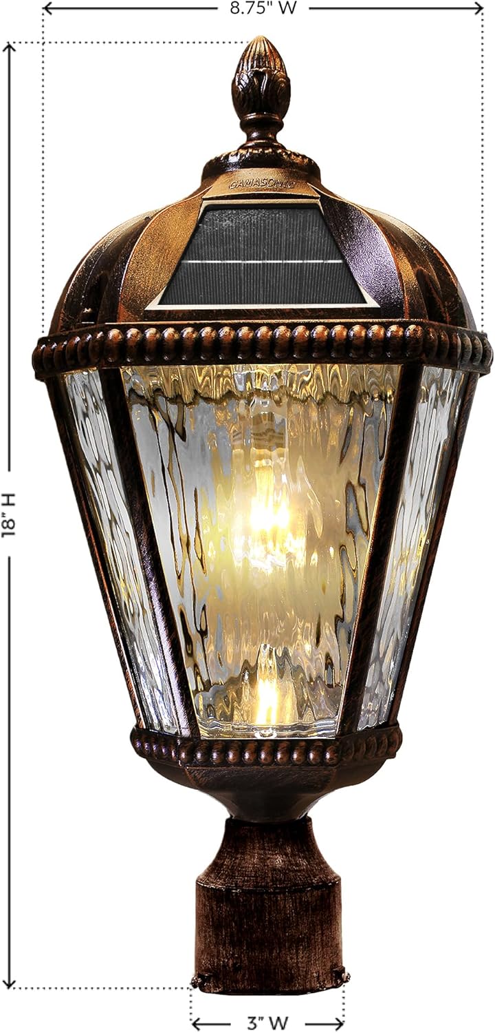 Gama Sonic Outdoor Solar Post Light, Brushed Bronze Finish Aluminum, Royal Bulb, Clear Rain Glass, 3-inch Fitter for Lamp Posts 98B112 (Upgraded Panel and Battery)