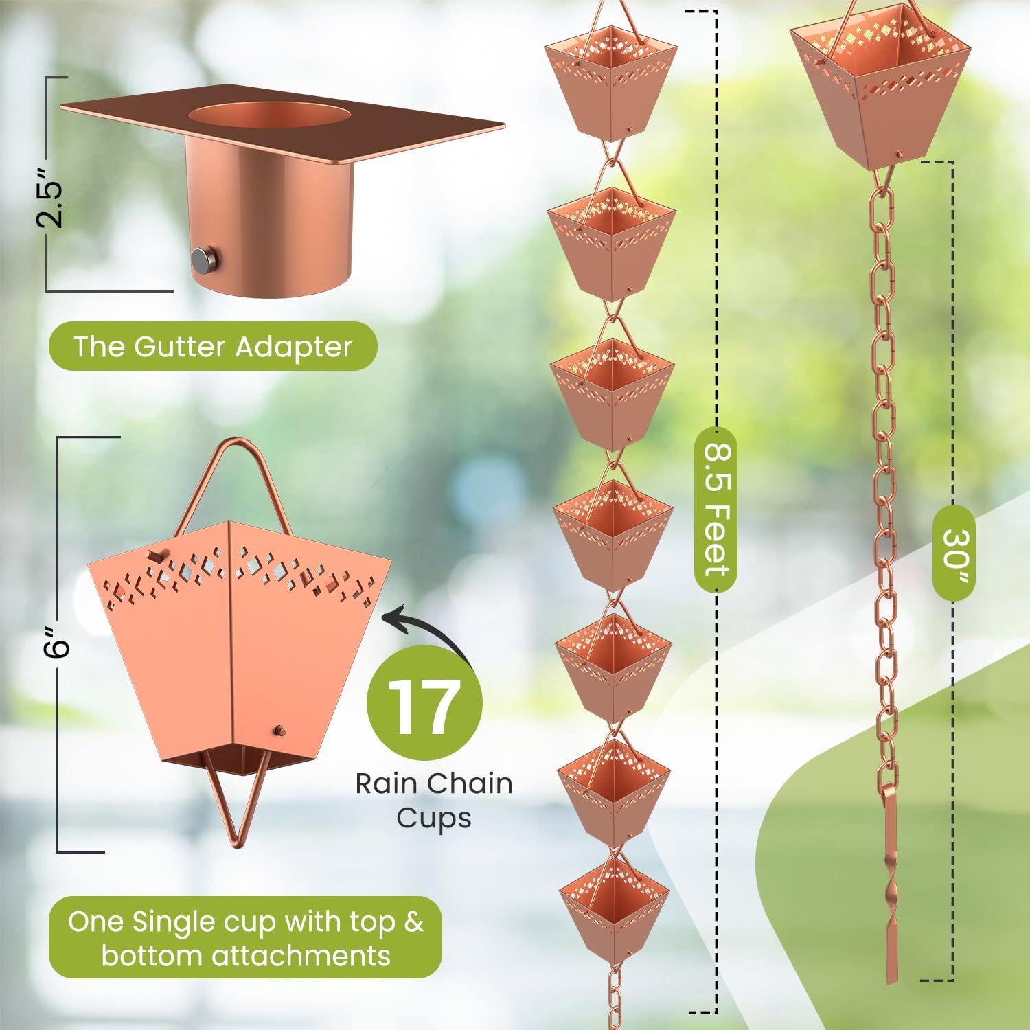 Rain Chain Kit w/Adapter & Extension | Copper Rain Chains for Gutters 10 ft | Rain Chain | Gutter Chain Downspout | Rain Chains for Outside | Rain Catcher | Rain Chimes