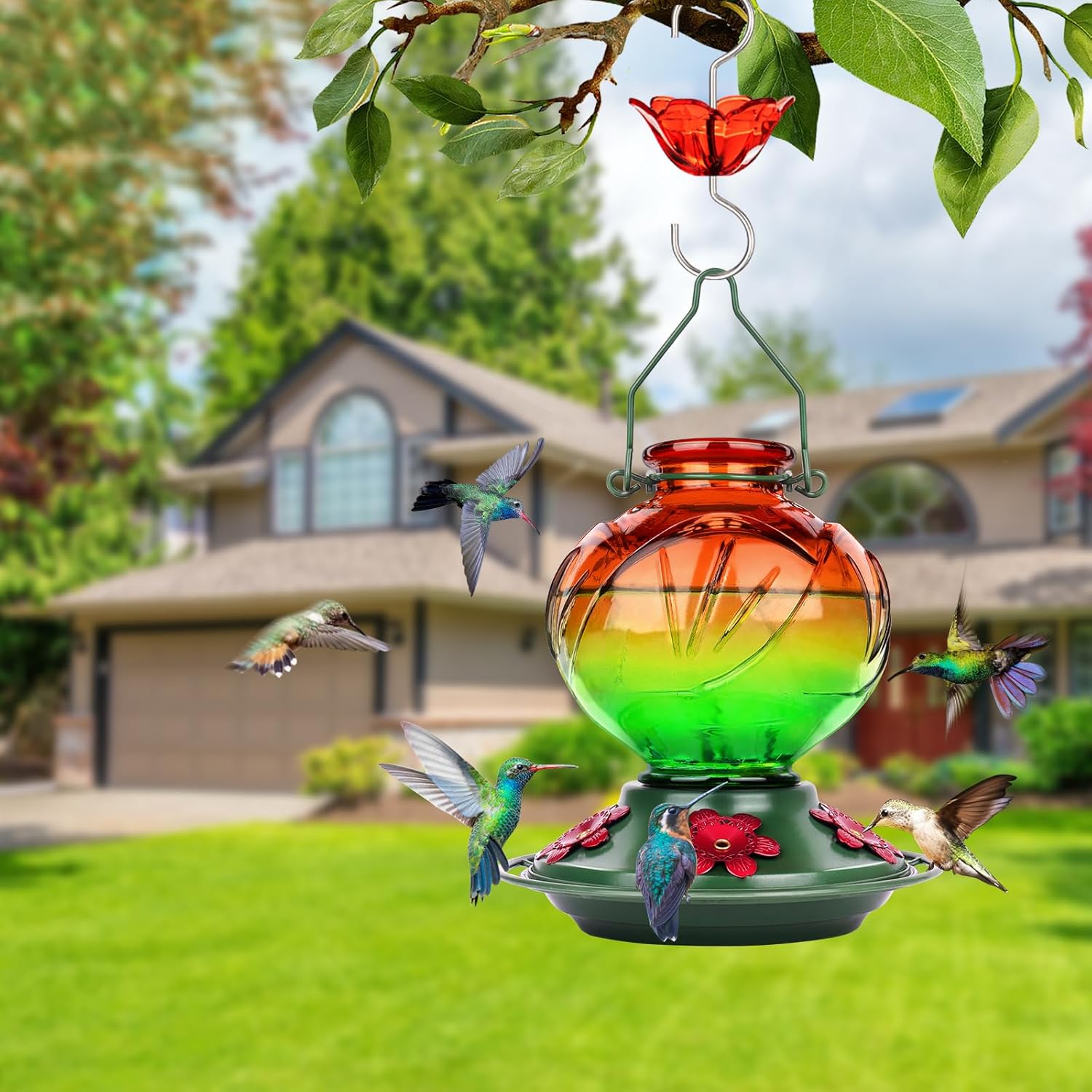 BOLITE Hummingbird Feeder, Glass Hummingbird Feeders for Outdoors Hanging, 22 Ounce, Five Feeding Ports with Perch, Peony Flower Shape, Orange and Green, Gifts for Women Men, Gifts for Mom Dad