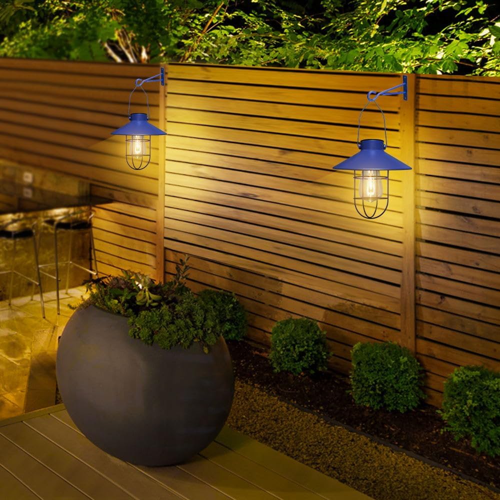 pearlstar Solar Lantern Outdoor Hanging Light Metal Farmhouse Solar Lamp with Warm White Edison Bulb Design for Garden Yard Patio Proch Decor(Blue)