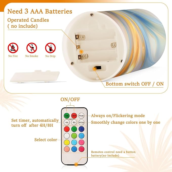 Flickering Flameless Candles, Blue Gold Marble LED Candles with Remote Timer, Set of 2 Battery Operated Candle for Valentine Wedding Birthday