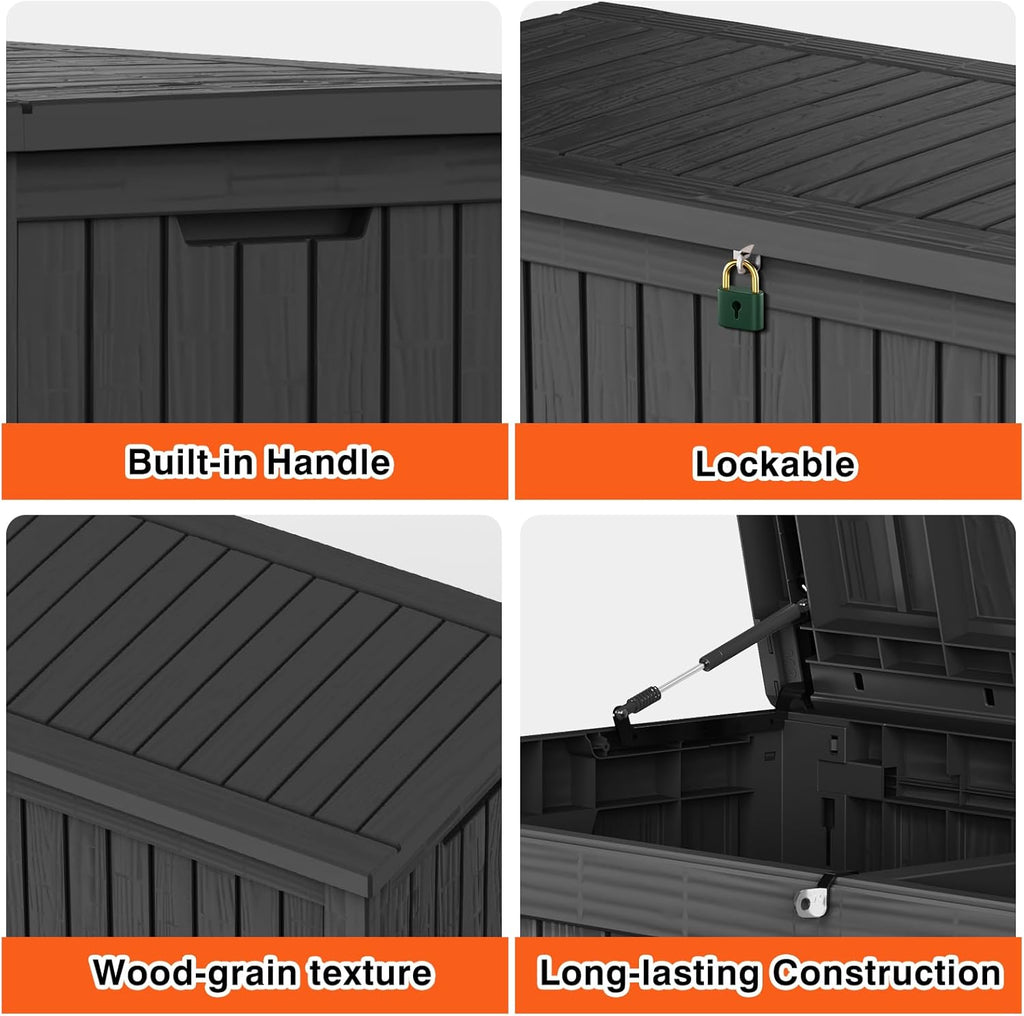 180 Gallon Waterproof Large Resin Deck Box Indoor/Outdoor Lockable Storage Container and Seating for Garden, Pool, and Patio (180 Gallon, Black)