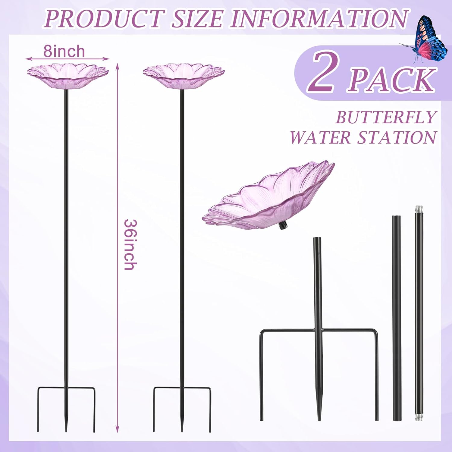 Newtay 2 Pack Butterfly Feeder Glass Flower Bee Watering Station and Bath for Outdoor Bee Feeder Butterfly Puddler Cups Backyard Garden Decoration to Attract Butterflies Bees