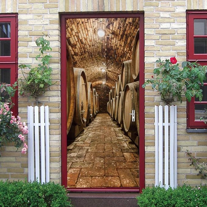 3D Door Stickers Murals Peel and Stick - Wine Cellar - Door Wallpaper Self-Adhesive Door Decals Removable PVC Waterproof Door Poster for Bedroom Living Room Door Decoration 34.6" x 78.7"