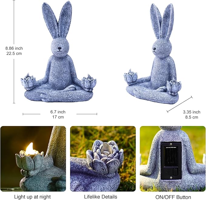 Goodeco Zen Rabbit Statue with Solar Lotus - Garden Yoga Bunny with LED Solar Lotus Lights, Sitting Meditating Buddha Rabbit Serene Resin Figurine for Patio Yard Lawn Ornaments, Home or Outside
