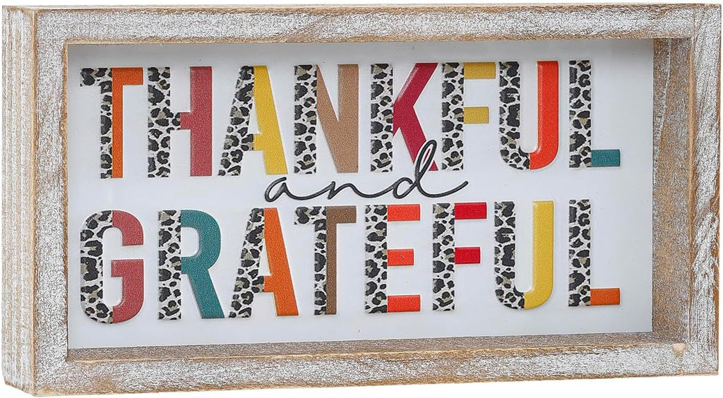 Embossed Thankful and Grateful Sign, Thanksgiving Decorations for Table Cubicle Desk Mantel Fireplace, Vintage Thanksgiving Home Decor Leopard Print Wooden Sign