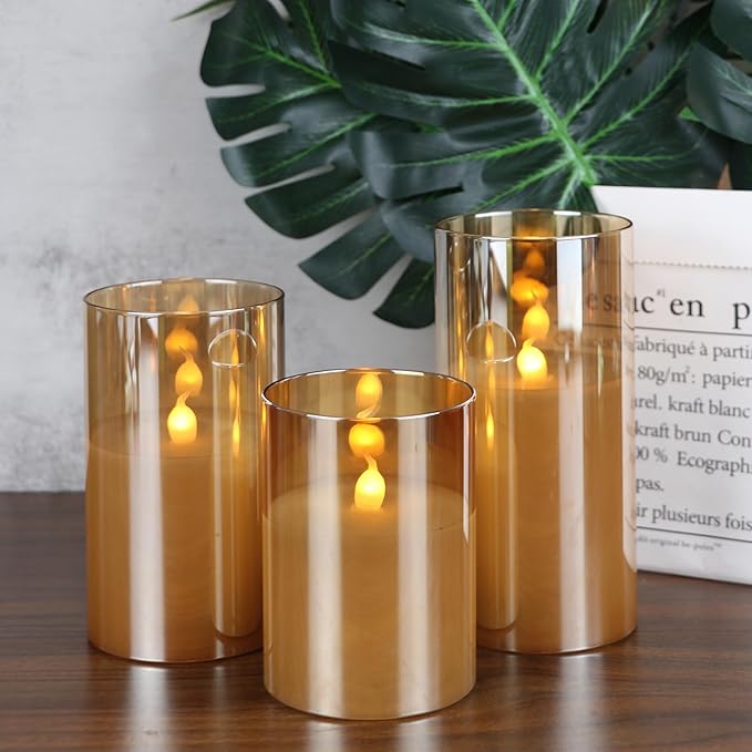 Glass LED Flickering Candles with Remote Timer, Flamless Pillar Candles Real Wax with 3D Wick Realistic, Home Decoration for Wedding Home Festival
