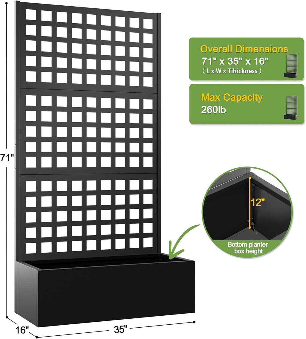 FENCY Metal Raised Garden Bed with Trellis, Metal Planter Box with Trellis, Garden Box for Climbing Plants Vegetable, 35''Lx16''Wx71''H Garden Bed with Drainage Holes(Black)