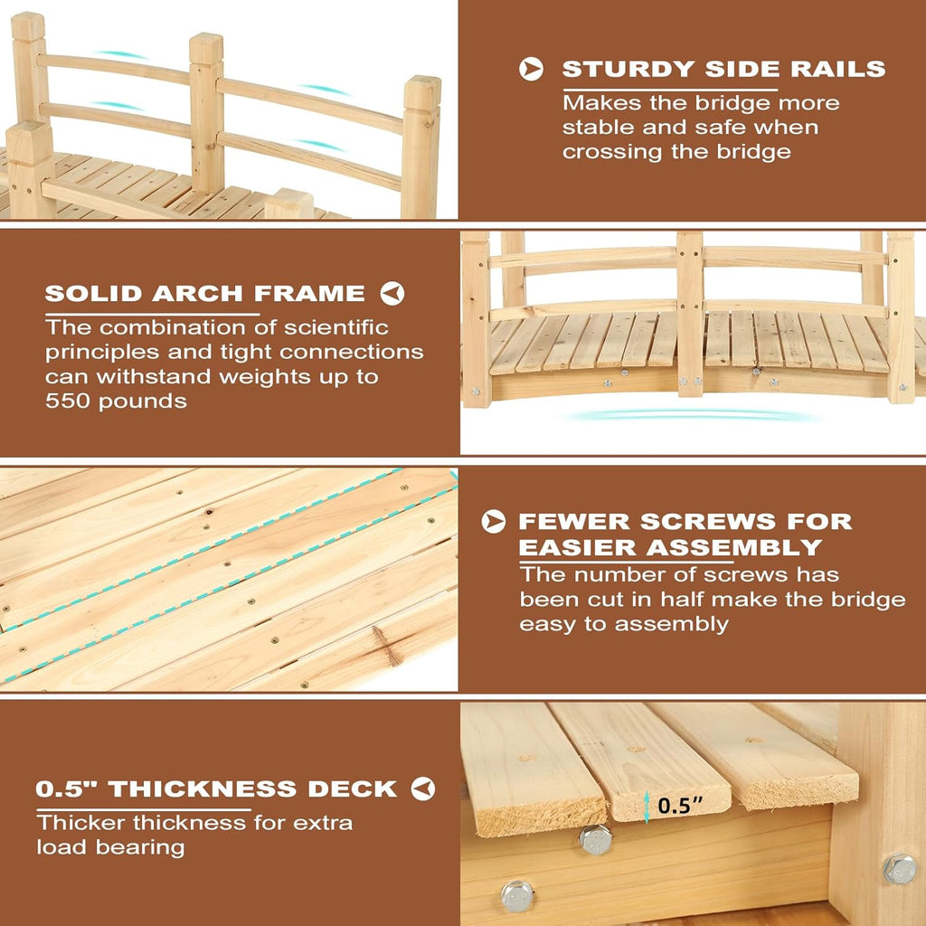 HOMEDIARY Fir Wood Garden Bridge, Outdoor Arc Footbridge Walkway with Double Safety Railings, Decorative Pond Bridge Landscaping w/550lbs Capacity for Backyard Garden Creek Pond Decor, Natural