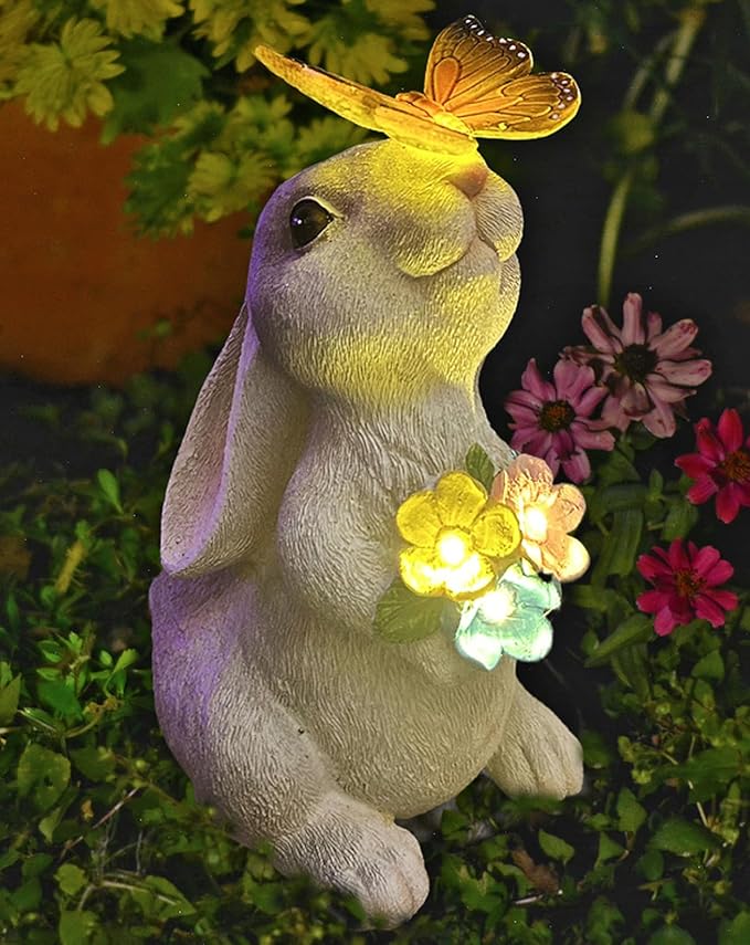 YODY Solar Garden Statues Outdoor Decor- Yard Decorations for Patio, Balcony, Backyard, Lawn Ornaments - Rabbit Figurines with LED Light- Unique Birthday House Warming Gifts for Women, Mom, Grandma