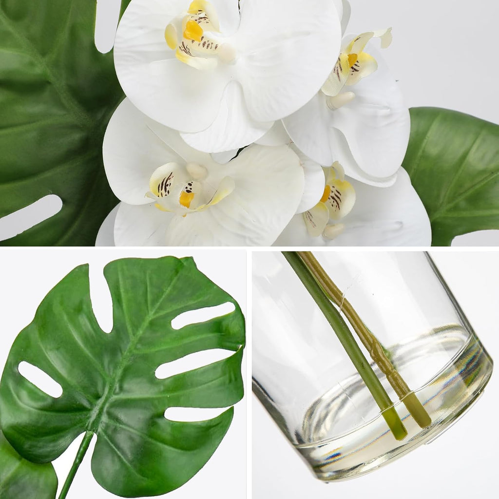 Artificial Monstera Plant and Fake Orchid in Glass Vase, 13.8" Real Touch Fake Plant Tropical Leaves Orchids Artificial Flowers with Faux Water for Home Bathroom Kitchen Office Centerpiece Room Décor