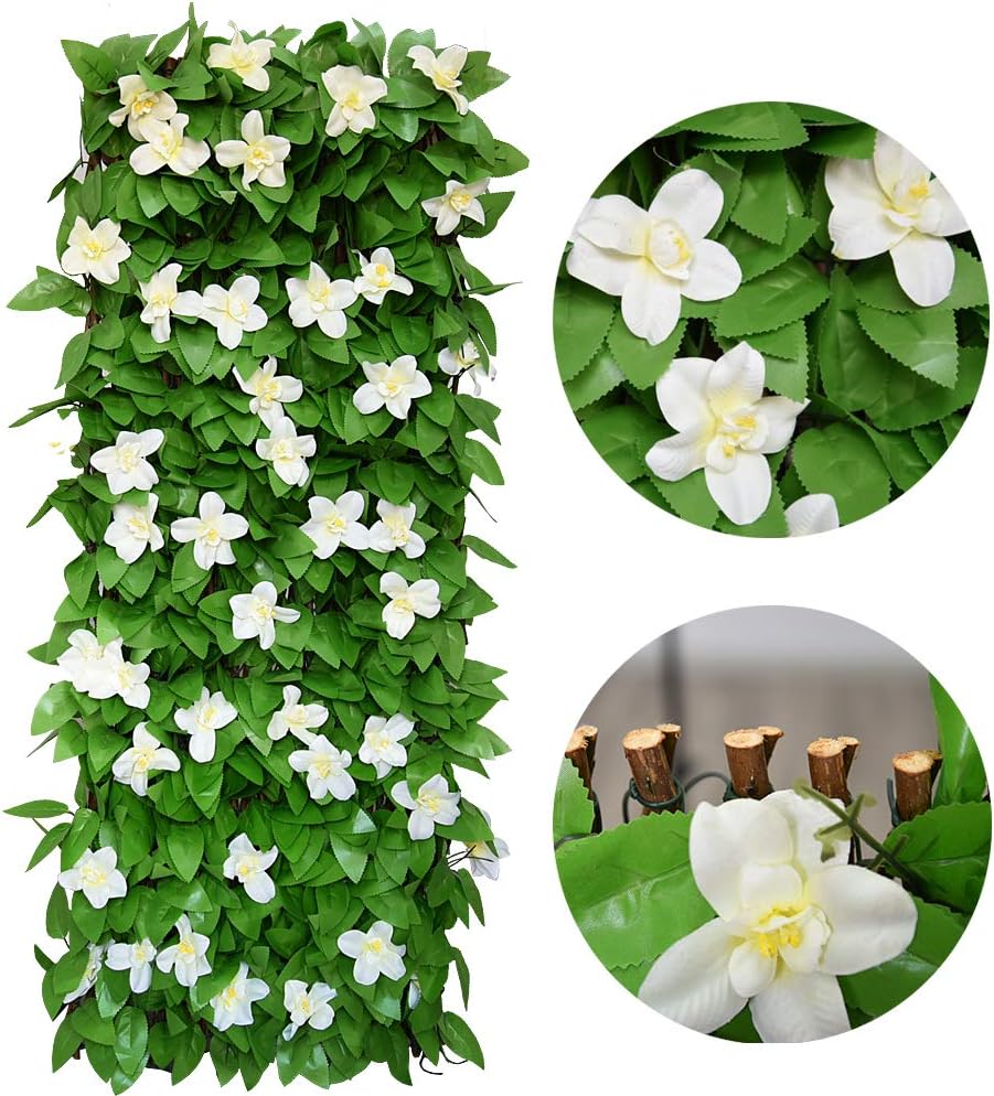 Expandable Fence Privacy Screen for Balcony Patio Outdoor,Decorative Faux Ivy Fencing Panel,Artificial Hedges (Single Sided Leaves) (4, White Flowers)