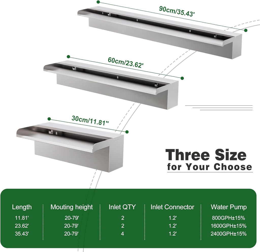 Waterfall Pool Fountain LONGRUNNEW 304 Stainless Steel 23.6" Rectangular Waterfall Spillway, Water Fall Fountain with Pipe Connector for Garden Outdoor, Swimming Pools, Fountains, Pond and Spa