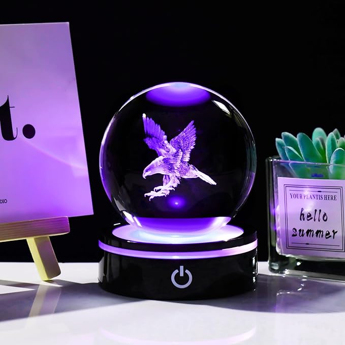 YWHL 3D Eagle Figurine Crystal Ball with Colorful Light Base, Eagle Gifts for Women Men Eagle Lovers on Christmas Birthday, 3D Laser Engraved Eagle Sphere Glass Ball for Home Office Decoration (80mm)