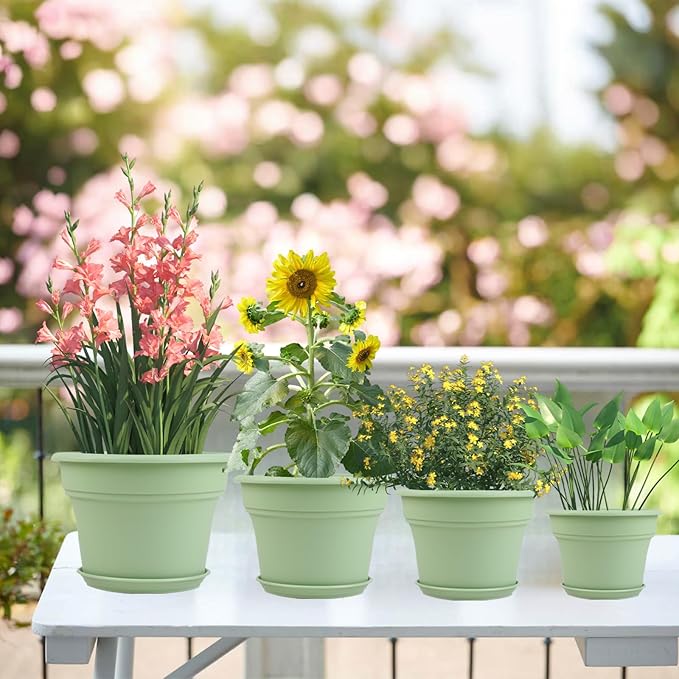 11 Inch Plastic-Flower-Pot-for-Indoor-Plants, 4 Pack Large Outdoor Planter Pot with Drainage Holes & Saucers, Resin Decorative Garden Pots Planters