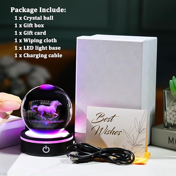 YWHL 3D Crystal Ball Horse Figurine with LED Base, Horse Gifts for Men Women Horse Lovers on Christmas Birthday, Horse Statue Glass Sphere Animal Decorative Ball for Home Decor (80mm)