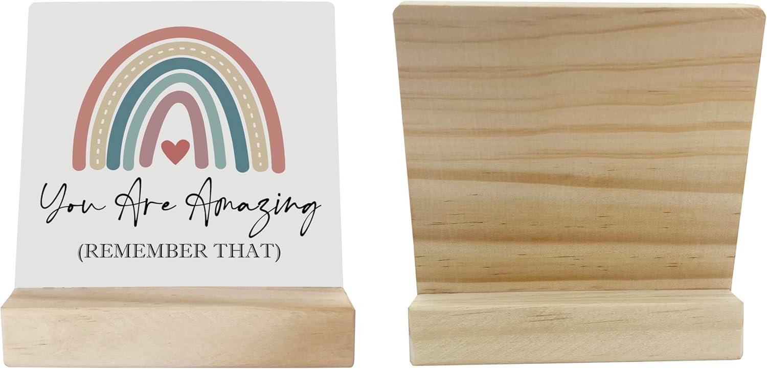 Primitive Wooden Sign, You are Amazing Remember That, Desk Plaque with Wooden Stand 4 x 4.3 inches, Rustic Home Decor, Farmhouse Sign, Inspirational Quotes Gifts for Friend Family, Cheer Up Gift B