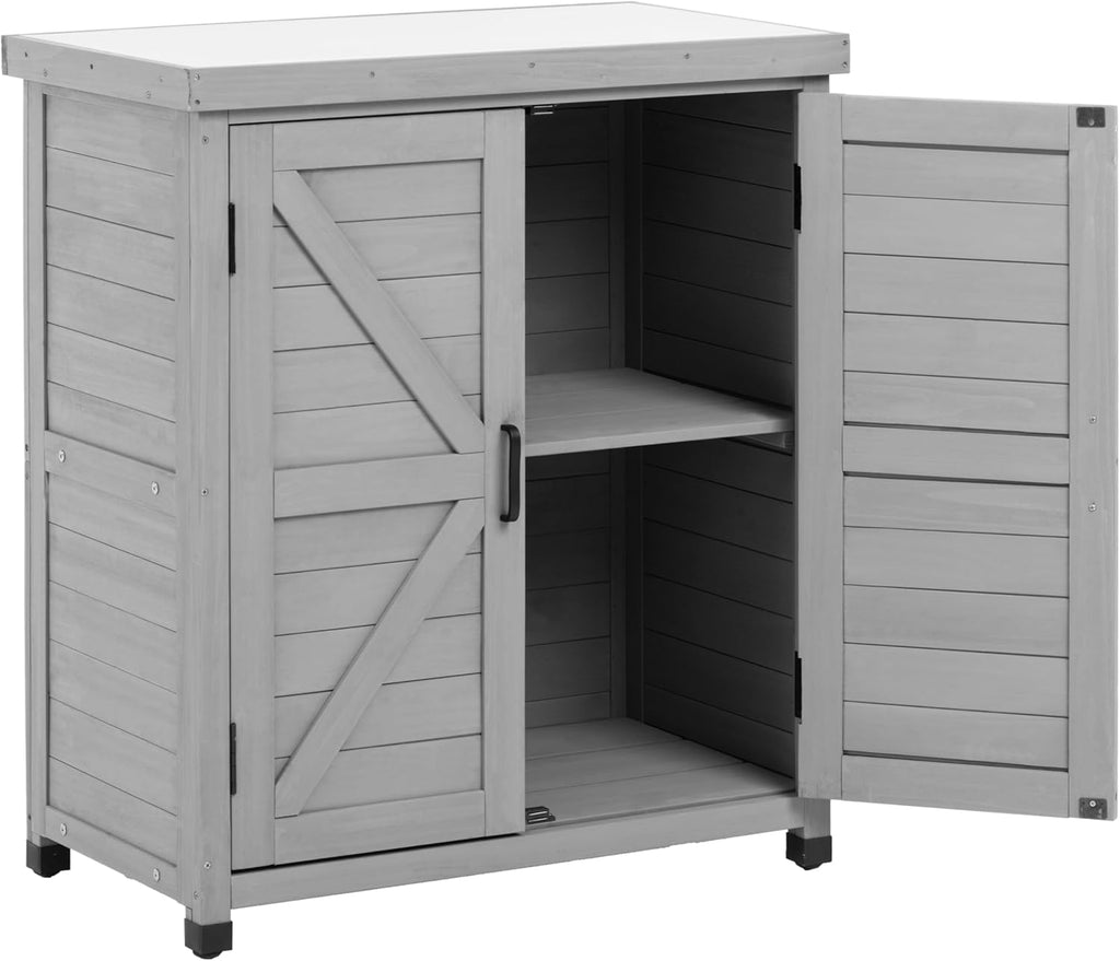 Potting Bench with Storage Cabinet and Metal Table Top for Outdoor Patio, Garden Furniture Wood Workstation