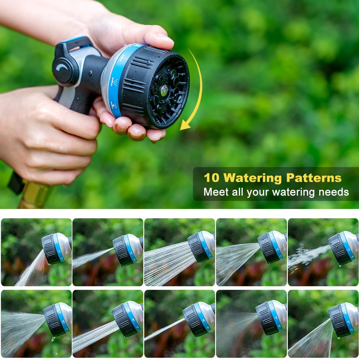 FANHAO Heavy Duty Garden Hose Nozzle, Metal Water Hose Sprayer with 10 Spray Patterns, Thumb Control, On Off Valve, High Pressure Water Nozzle for Plants Watering, Car and Pet Washing, Blue