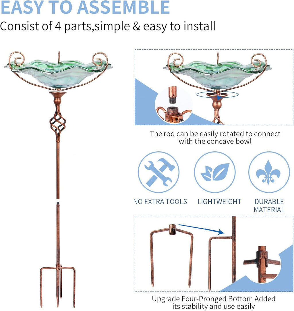 VCUTEKA Bird Bath Glass Outdoor Birdbaths Garden Yard Decor Bird Feeder with Metal Stake Green
