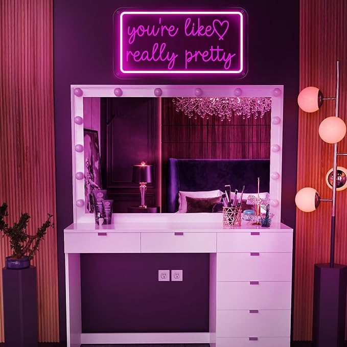 You're Like Really Pretty Neon Sign for Wall Decor, Dimmable LED Neon Lights for Bedroom, USB Powered Light Up Signs for Home Birthday Party Wedding Beauty Salon Decoration Pink LED Neon Signs