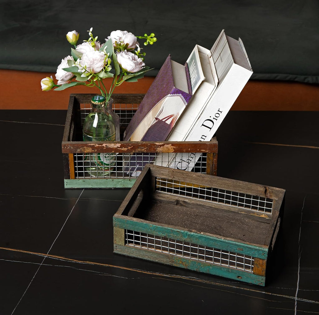 TIMRIS Set of 2 Rustic Wooden Countertop Baskets, Farmhouse Distressed Nesting Boxes, Small Decorative Wooden Storage Crates, Reclaimed Wood Organizer Baskets with Wire Mesh (Random)