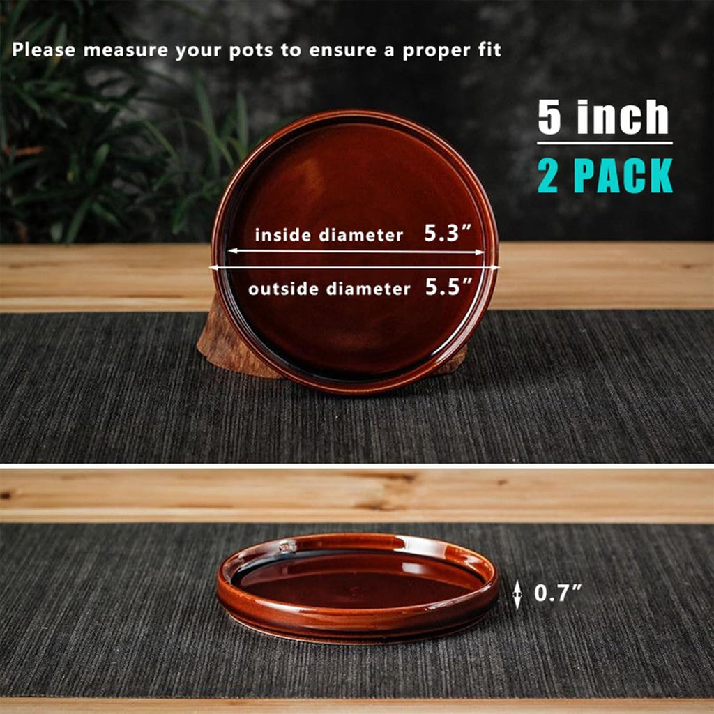 Ceramic Plant Saucer 5 Inch, 2 Pack Round Plant Saucers for Indoors/Outdoors, Flower Pot Saucers for Holding Water Drips, Ceramic Plant Water Trays for pots Planter, Bird Bath Bowls (Brown)