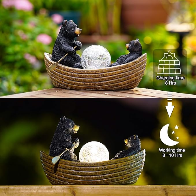 Goodeco Solar Bears Boating Statue - Waterproof Outdoor Bear Decor with Solar Gazing Ball Lights - Great Gift for Bear Lovers and Garden Enthusiasts - Ideal Gifts for Mom & Birthdays