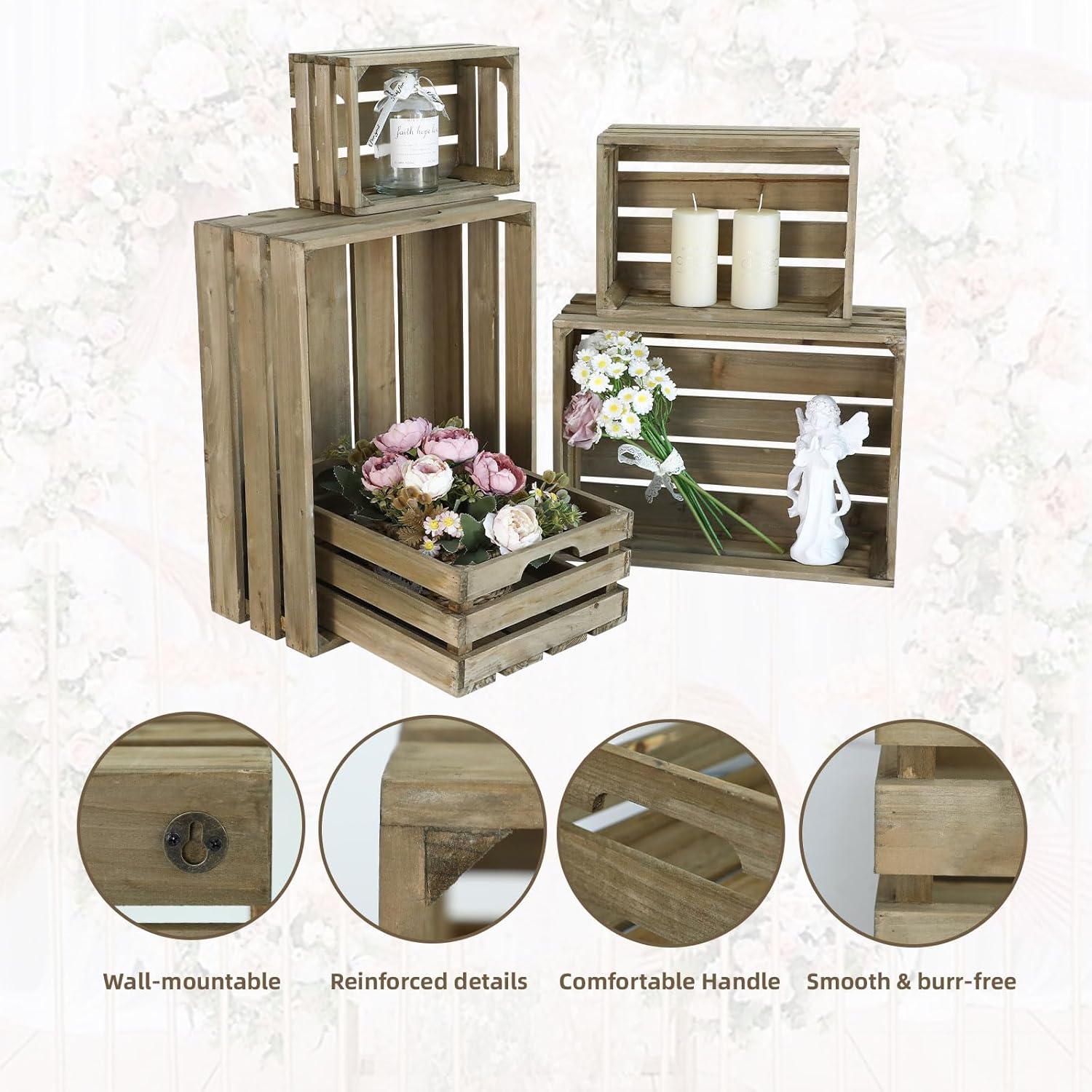 5-Piece Farmhouse Wooden Crate Set - Rustic Wooden Crates for Display and Storage, Large Grey Decorative Crates, Farmhouse Apple Crates, Painted Wood Crates for Decor