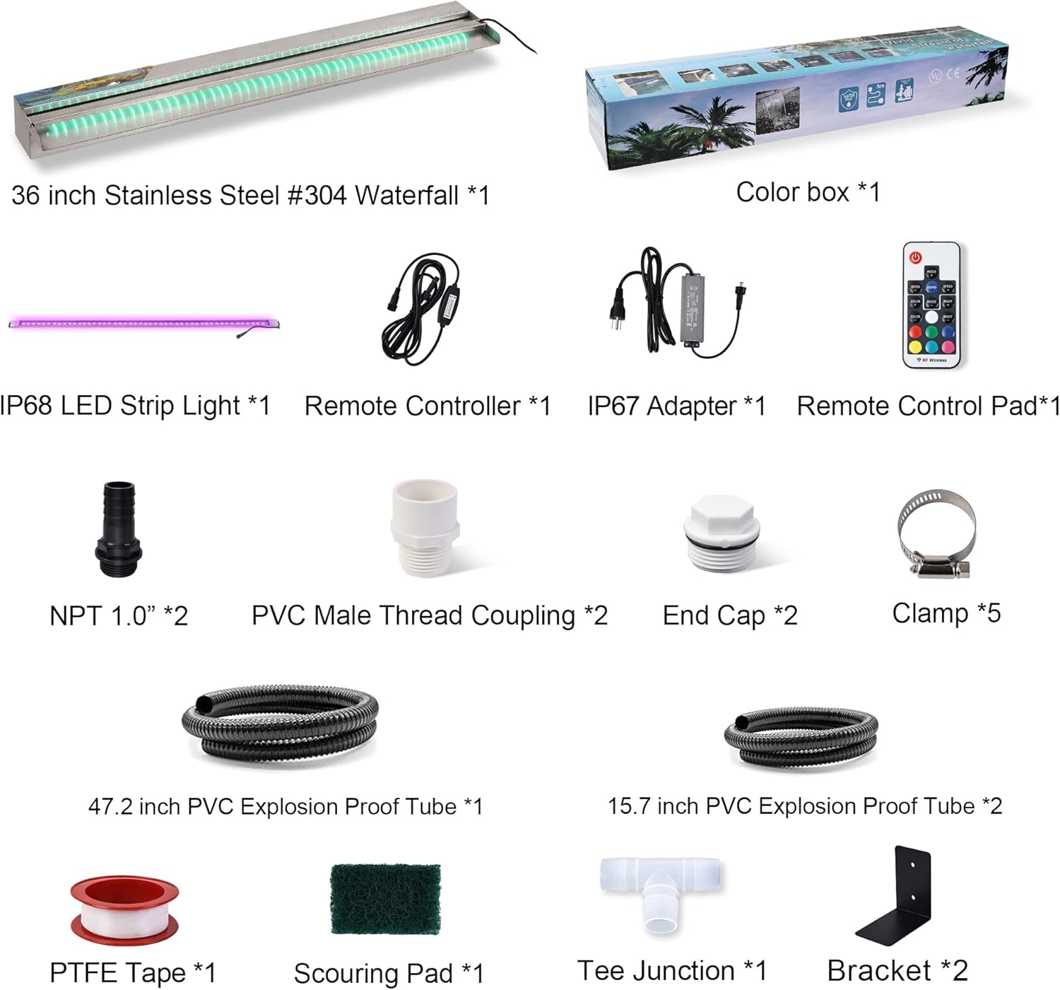 YUDA 36" Stainless Steel Waterfall Pool Fountain with SMD LED 7 Color Changing and Remote, Lighted Waterfall Spillway for Sheer Descent Garden Outdoor