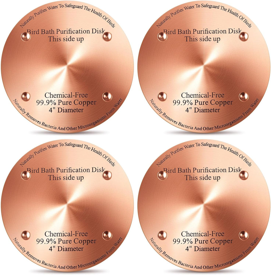4 Pcs Bird Bath Copper Disk, 0.6mm Thick Reinforced 99.99% Pure Copper Birdbath Purification Disk, with 4 Point Support for Outdoor Birdbaths Bowls Cleaner, 4 Inch (Classic)