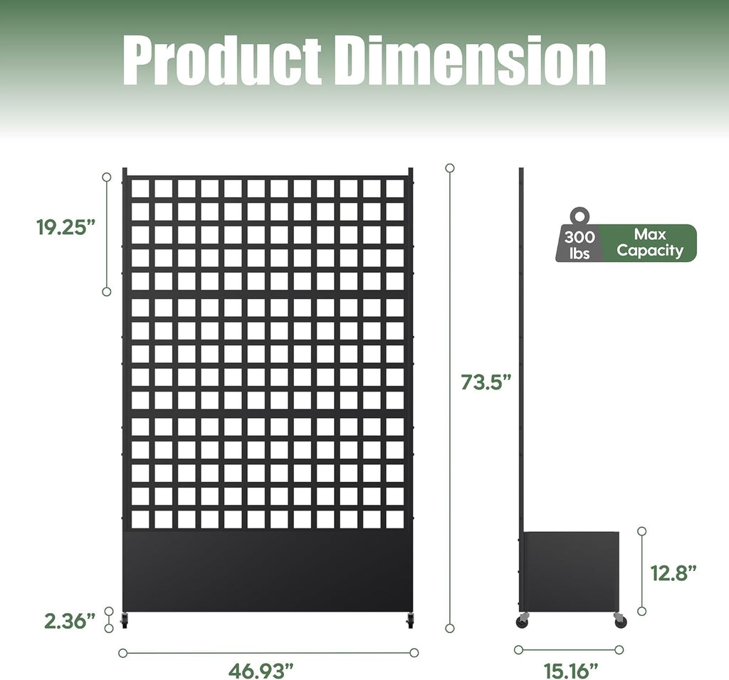 Metal Planter Box with Trellis Privacy Screen, Raised Garden Bed with Lattice Trellis & Wheels, Privacy Planters for Patio, Planter Box for Climbing Plants, Flower, 73"x 47"x 16", Black